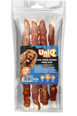 UniqPets Kutya Jutalomfalat RAWHIDE Kacsahússal Tekert Nyersbőr Rúd 17cm 500g
