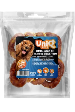 UniqPets Kutya Jutalomfalat RAWHIDE Kacsa Hús Nyersbőr Karikán 10cm 500g