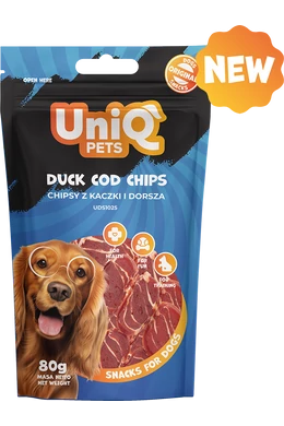 UniqPets Kutya Jutalomfalat WAGGI Kacsa és Tőkehalchips 80g