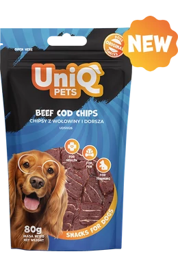 UniqPets Kutya Jutalomfalat WAGGI Marha és Tőkehalchips 80g
