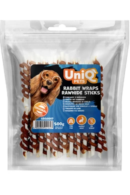 UniqPets Kutya Jutalomfalat RAWHIDE Nyúlhússal Tekert Nyersbőr Rúd 500g