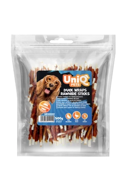 UniqPets Dog Snack - Duck Wraps Rawhide Sticks - Kacsahússal Tekert Nyersbőr Rágórúd – 500g