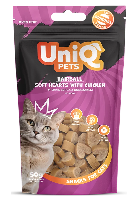 UniqPets Cat Snack Anti-Hairball - Puha Szívecskék Csirkehússal - 50g