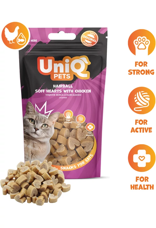 UniqPets Cat Snack Anti-Hairball - Puha Szívecskék Csirkehússal - 50g