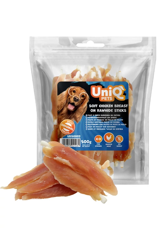 UniqPets Kutya Jutalomfalat RAWHIDE Puha Csirkemell Nyersbőr Roládon 500g