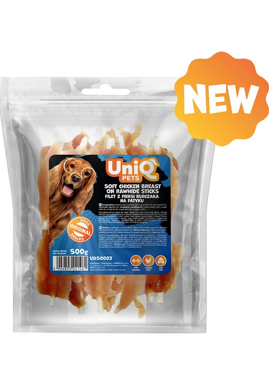 UniqPets Kutya Jutalomfalat RAWHIDE Puha Csirkemell Nyersbőr Roládon 500g