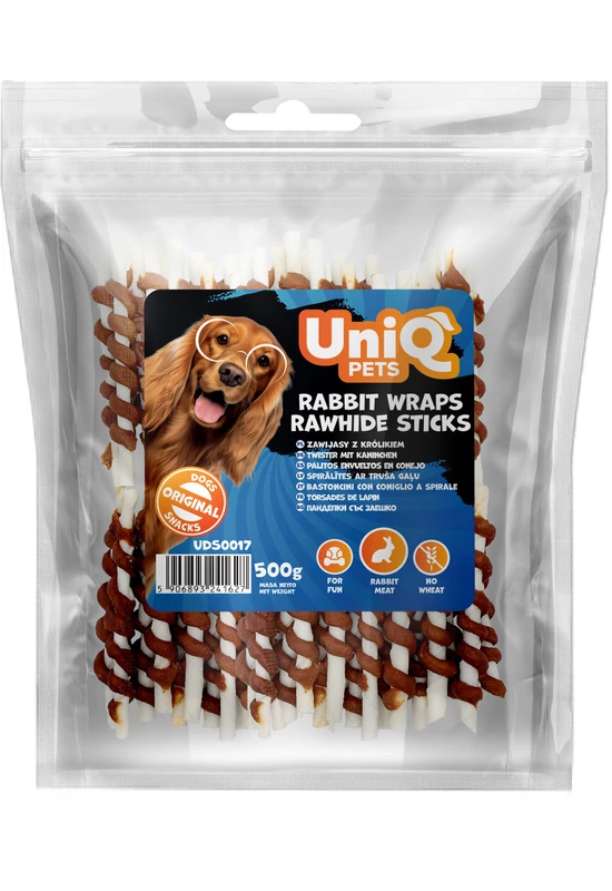 UniqPets Kutya Jutalomfalat RAWHIDE Nyúlhússal Tekert Nyersbőr Rúd 500g