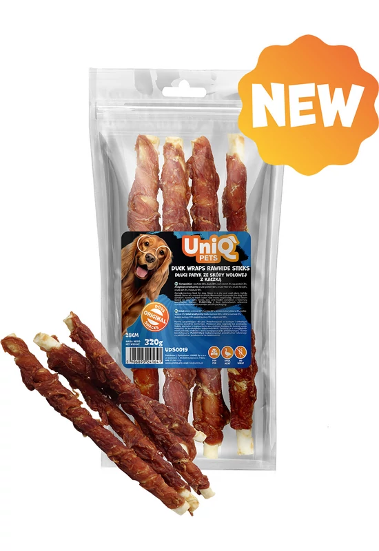 UniqPets Kutya Jutalomfalat RAWHIDE Kacsahússal Tekert Nyersbőr Rúd 28cm 320g