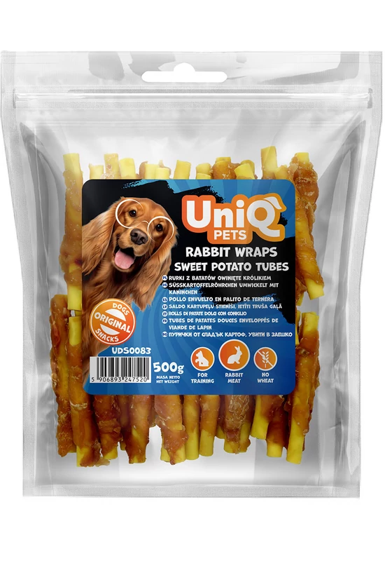 UniqPets Kutya Jutalomfalat MEATY Nyúl Édesburgonya Csövekkel Tekerve 500g
