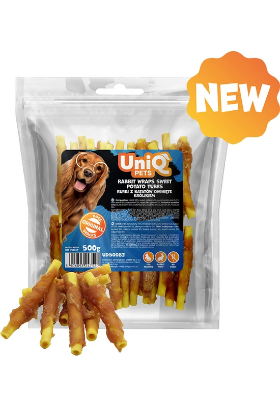 UniqPets Kutya Jutalomfalat MEATY Nyúl Édesburgonya Csövekkel Tekerve 500g