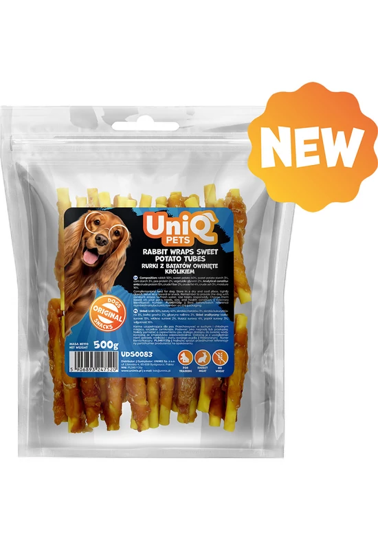 UniqPets Kutya Jutalomfalat MEATY Nyúl Édesburgonya Csövekkel Tekerve 500g