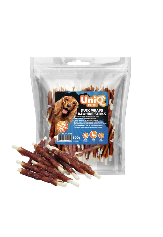 UniqPets Dog Snack - Duck Wraps Rawhide Sticks - Kacsahússal Tekert Nyersbőr Rágórúd – 500g