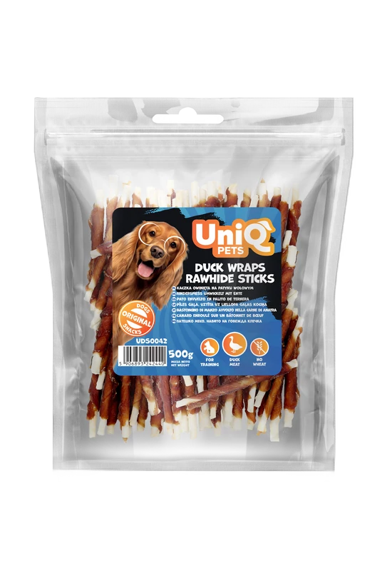 UniqPets Dog Snack - Duck Wraps Rawhide Sticks - Kacsahússal Tekert Nyersbőr Rágórúd – 500g